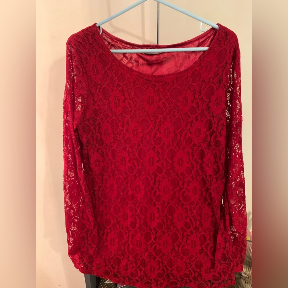 SoTeer Lace Long Sleeve Top Curved Hem Double Layers Blouse Shir…